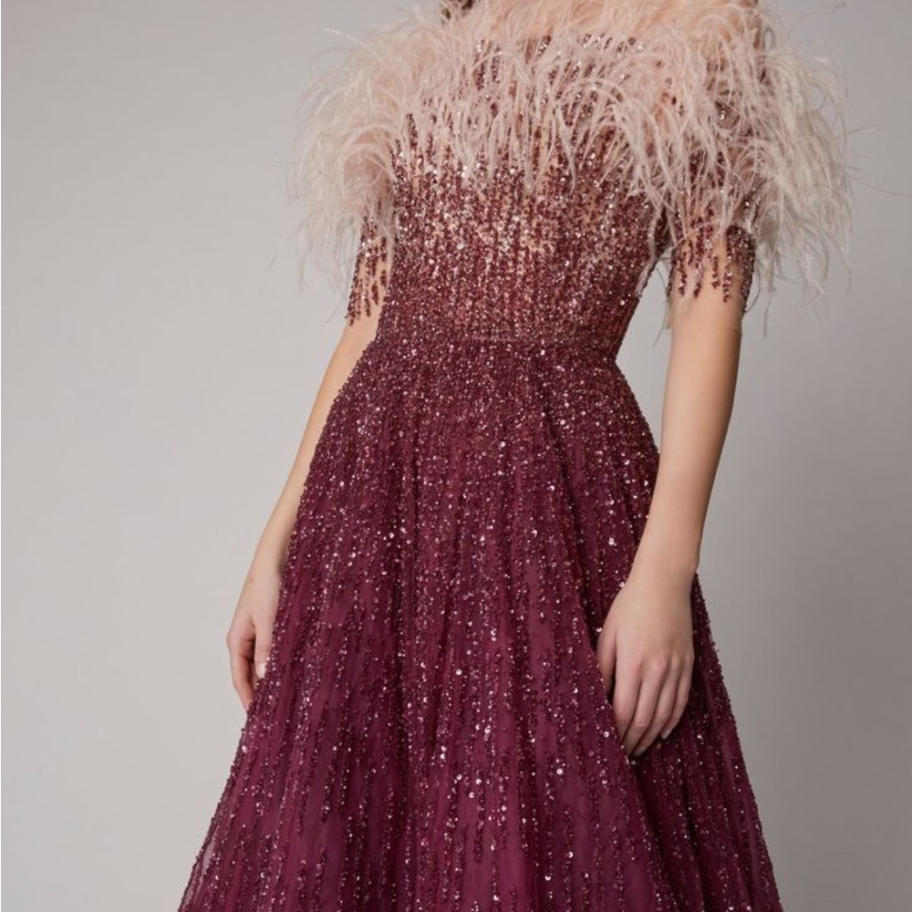 Pamella Roland Elegant Burgundy Gown with Feather Details